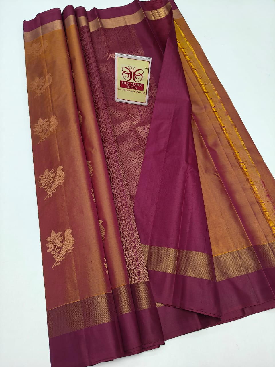 Authentic Rust Copper & Deep Wine Pure Silk Kanjivaram Saree