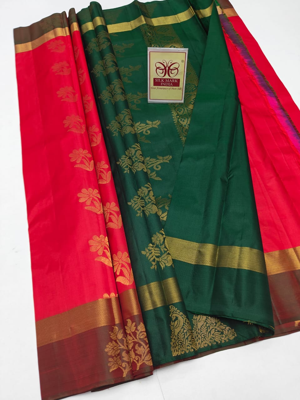 Authentic Deep Emerald Green & Coral Red Pure Silk Kanjivaram Saree