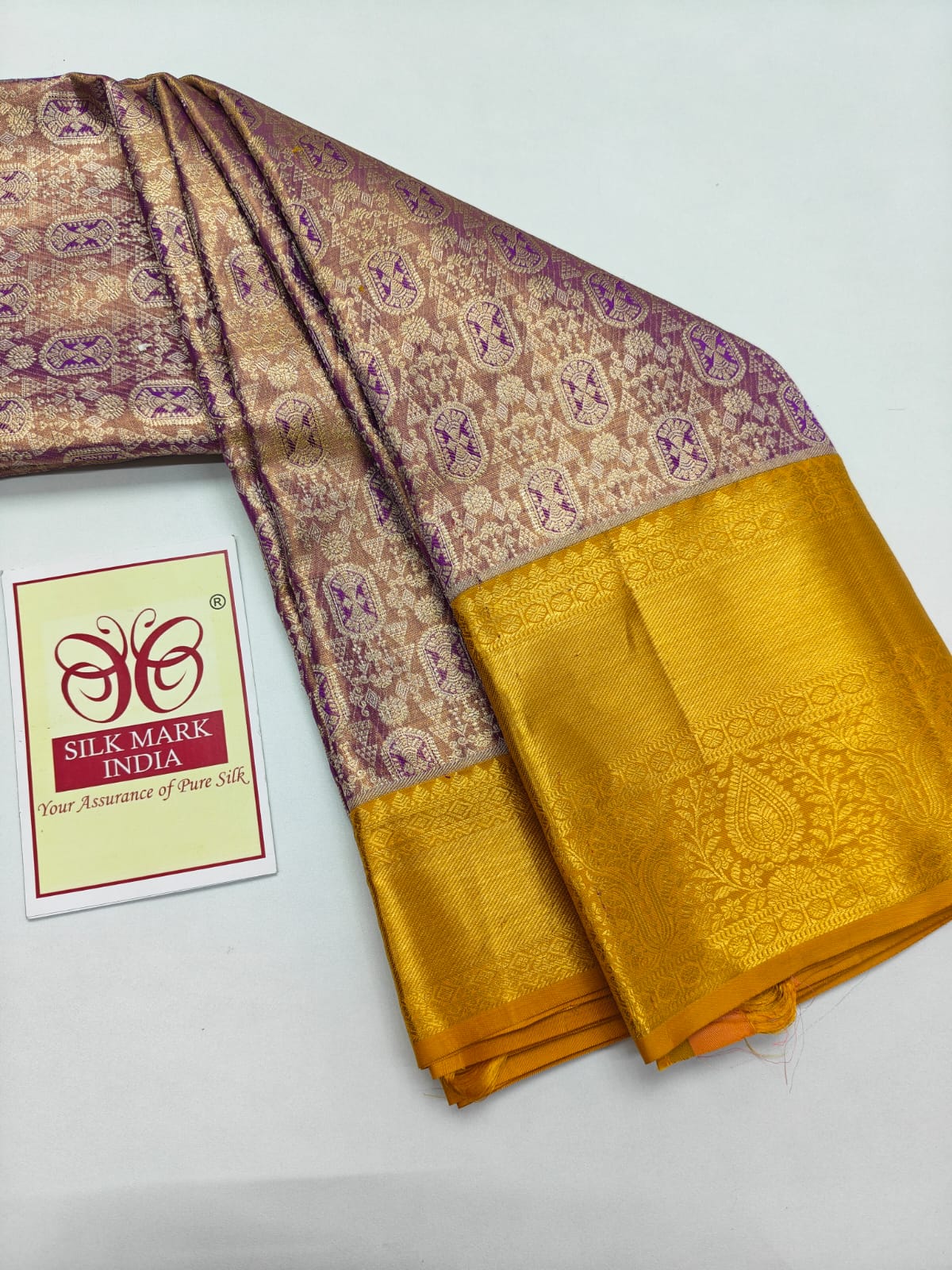 Premium Golden Yellow & Lavender Purple Pure Silk Kanjivaram Saree (Silk Mark Certified)