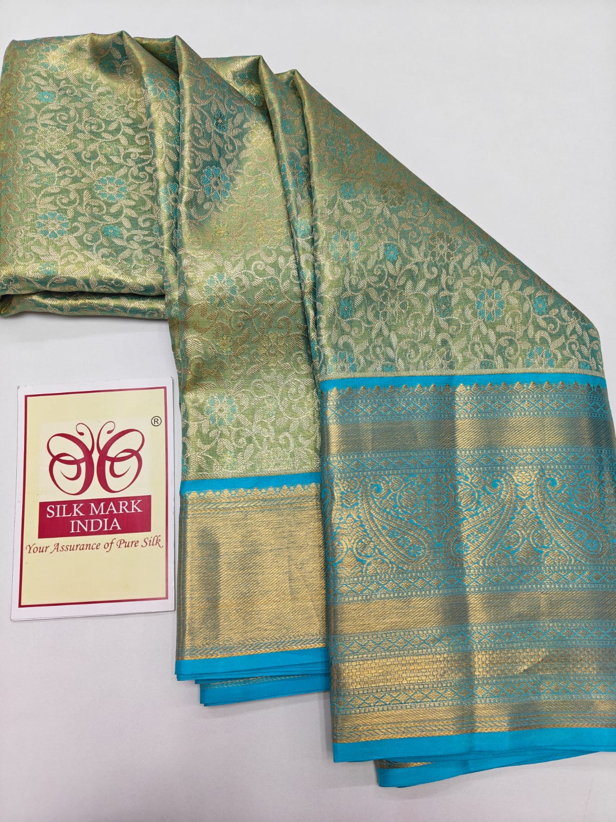 Premium Metallic Aqua Gold & Turquoise Pure Silk Kanjivaram Saree (Silk Mark Certified)
