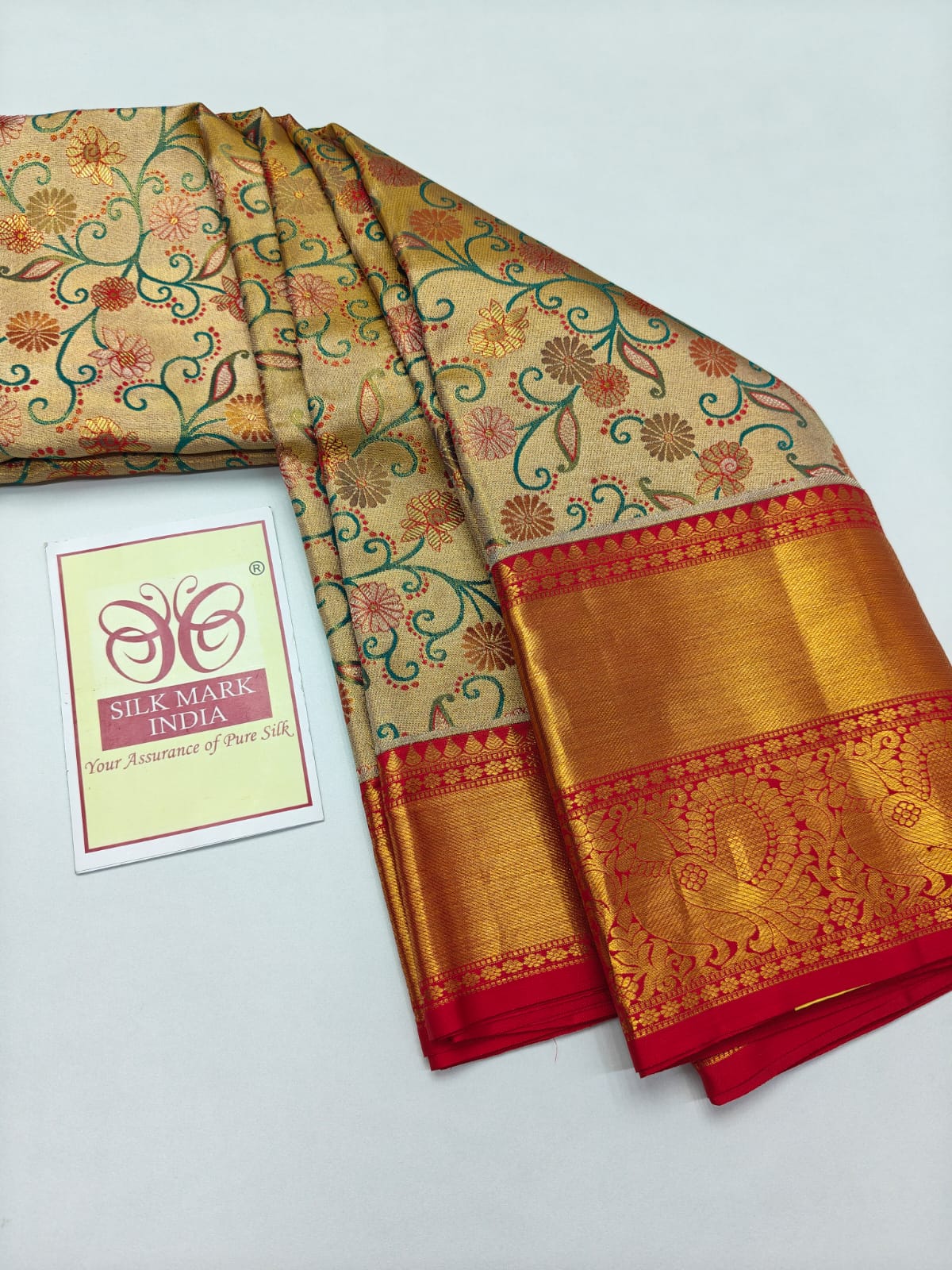 Premium Cream Meenakari Floral & Golden Yellow Pure Silk Kanjivaram Saree (Silk Mark Certified)