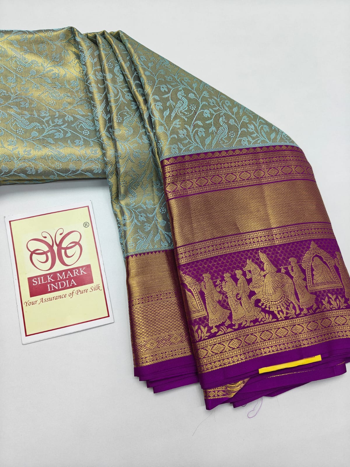 Premium Ice Blue & Metallic Gold Pure Silk Kanjivaram Saree with Royal Purple Procession Border (Silk Mark Certified)