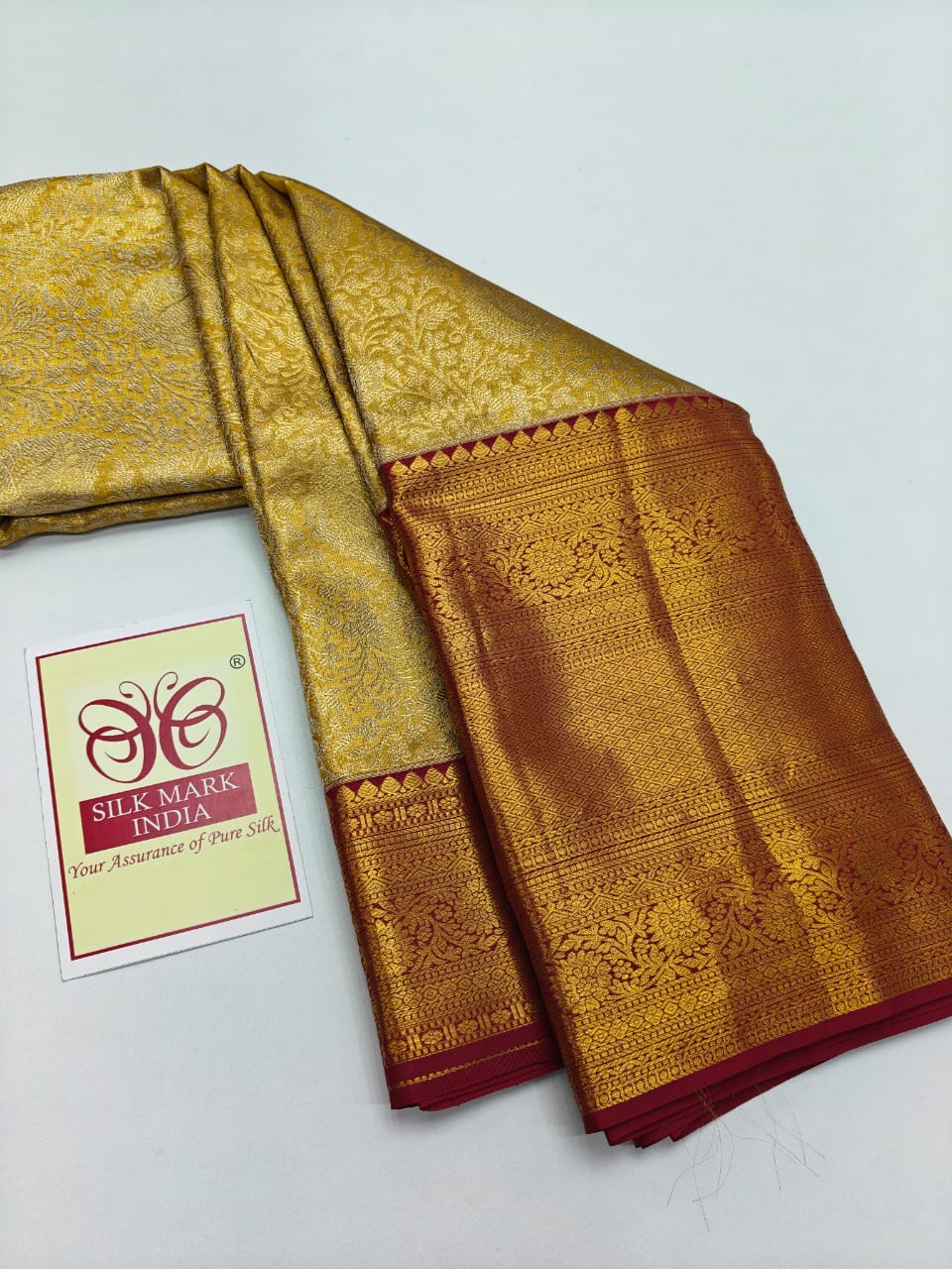 Premium Metallic Gold & Crimson Maroon Pure Silk Kanjivaram Saree (Silk Mark Certified)