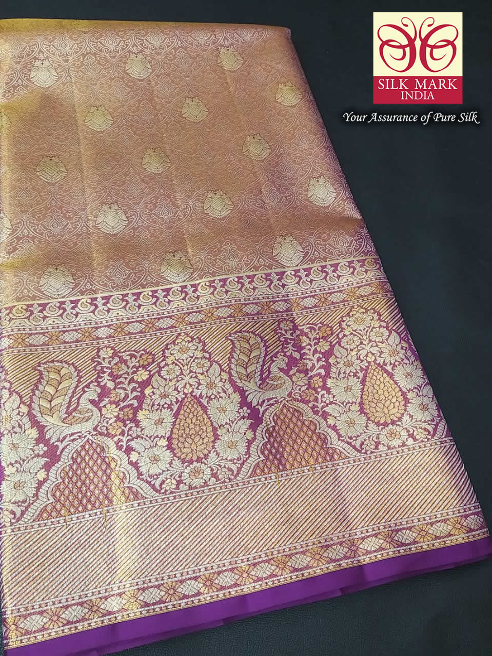Premium Rose Gold & Champagne Pure Silk Kanjivaram Saree with Royal Orchid Purple Zari Border (Silk Mark Certified)