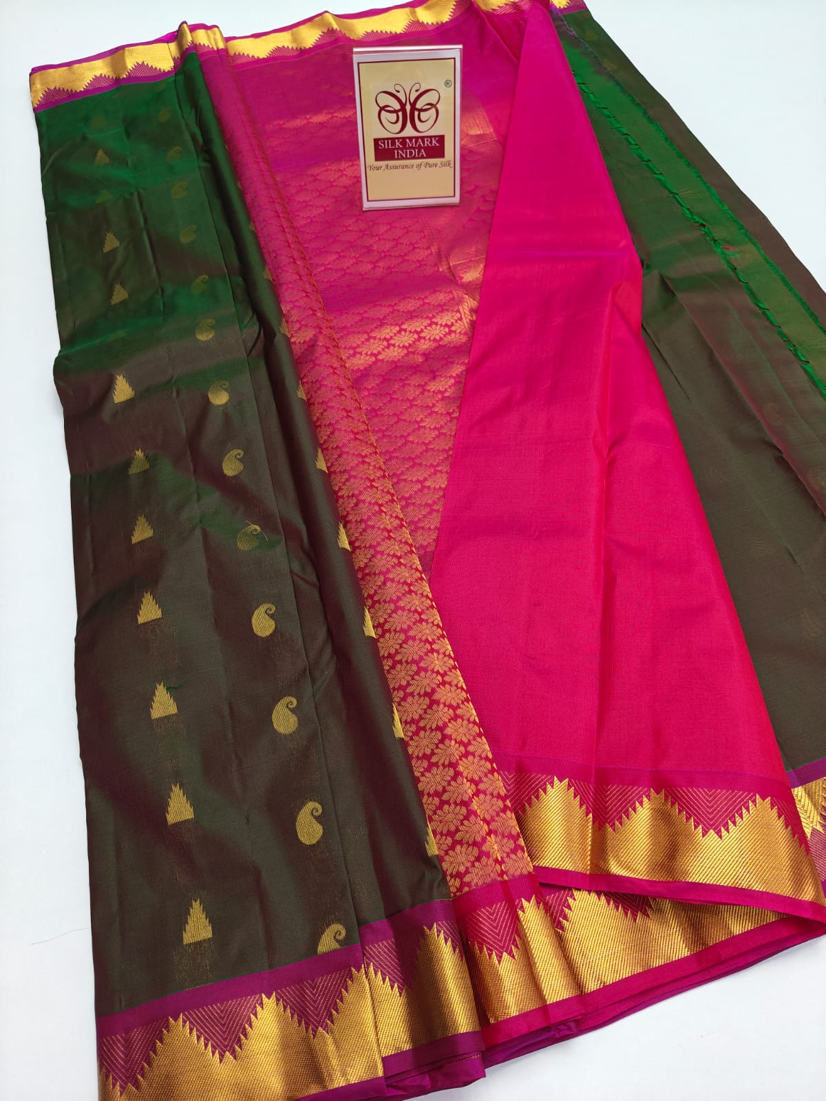 Authentic Deep Olive Green & Rani Pink Pure Silk Kanjivaram Saree