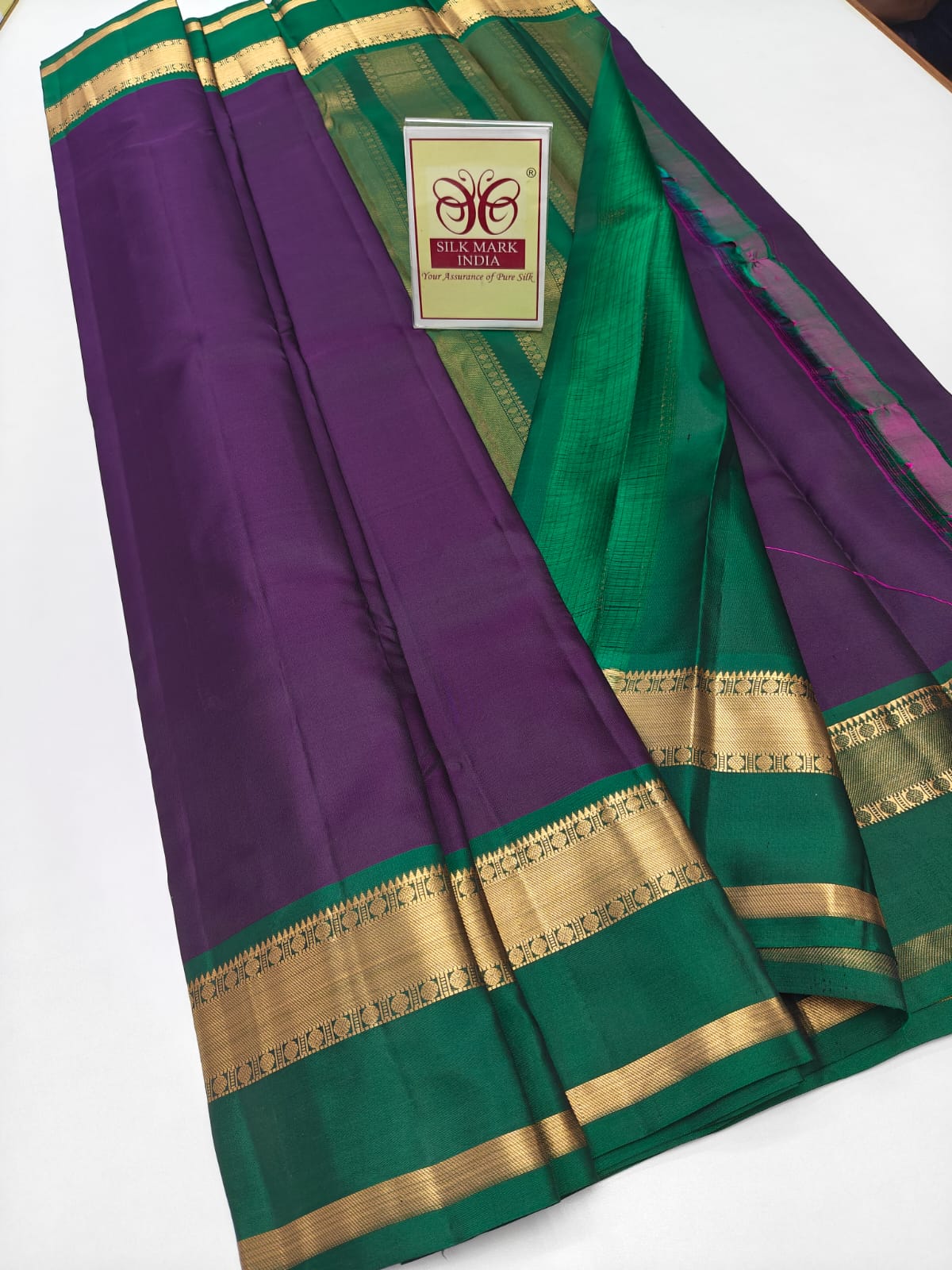 Regal Deep Purple & Emerald Green Pure Silk Kanjivaram Saree with Gold Zari Border (Silk Mark Certified)