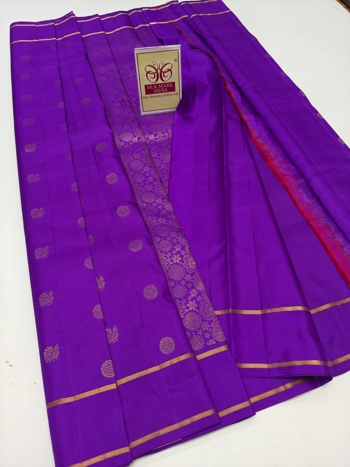 Royal Purple Pure Silk Kanjivaram Saree with Gold Zari Motifs & Floral Brocade Pallu (Silk Mark Certified)