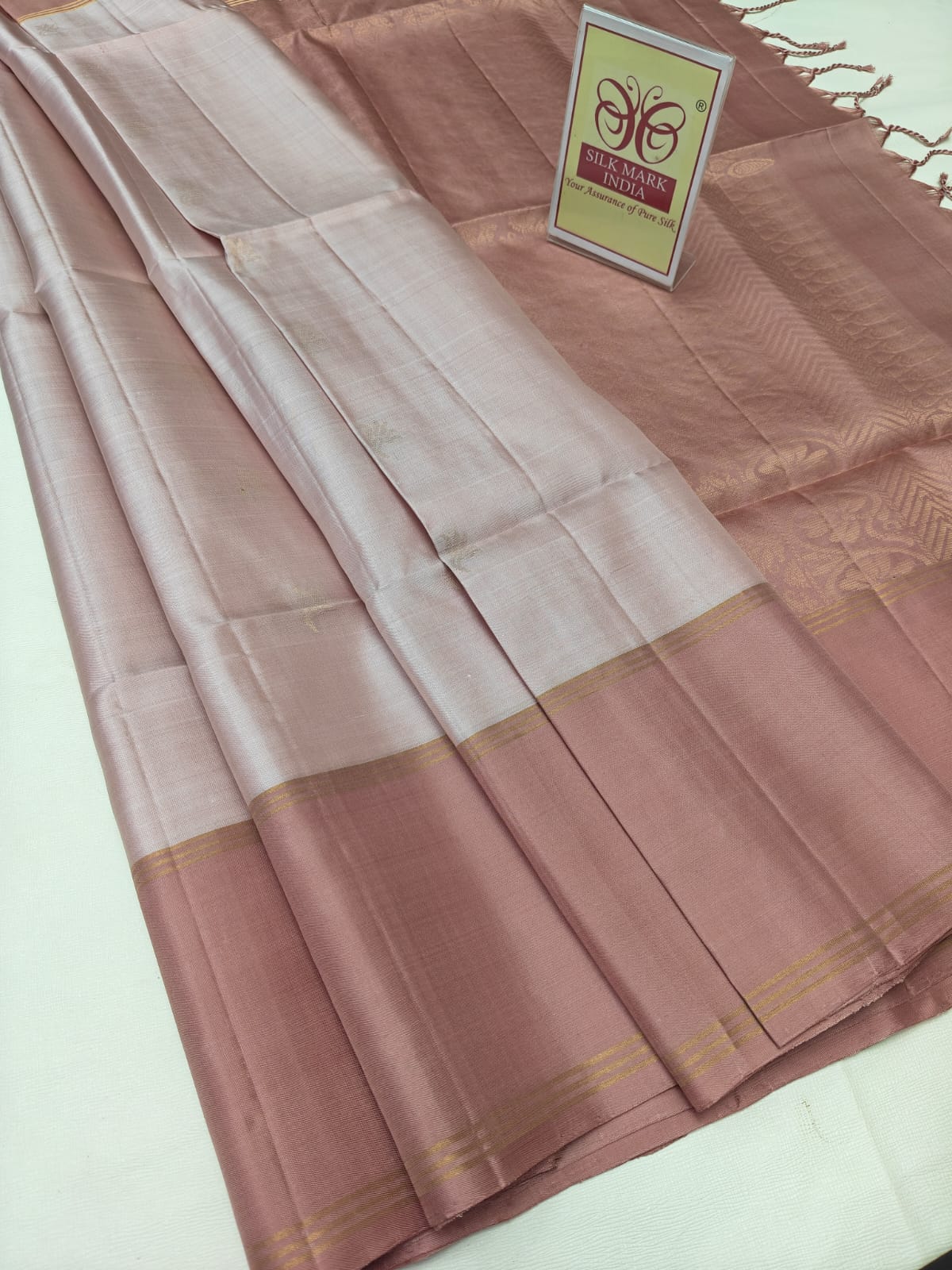 Pastel Pearl Silver & Dusty Rose Pure Silk Kanjivaram Saree with Fine Zari Stripes (Silk Mark Certified)