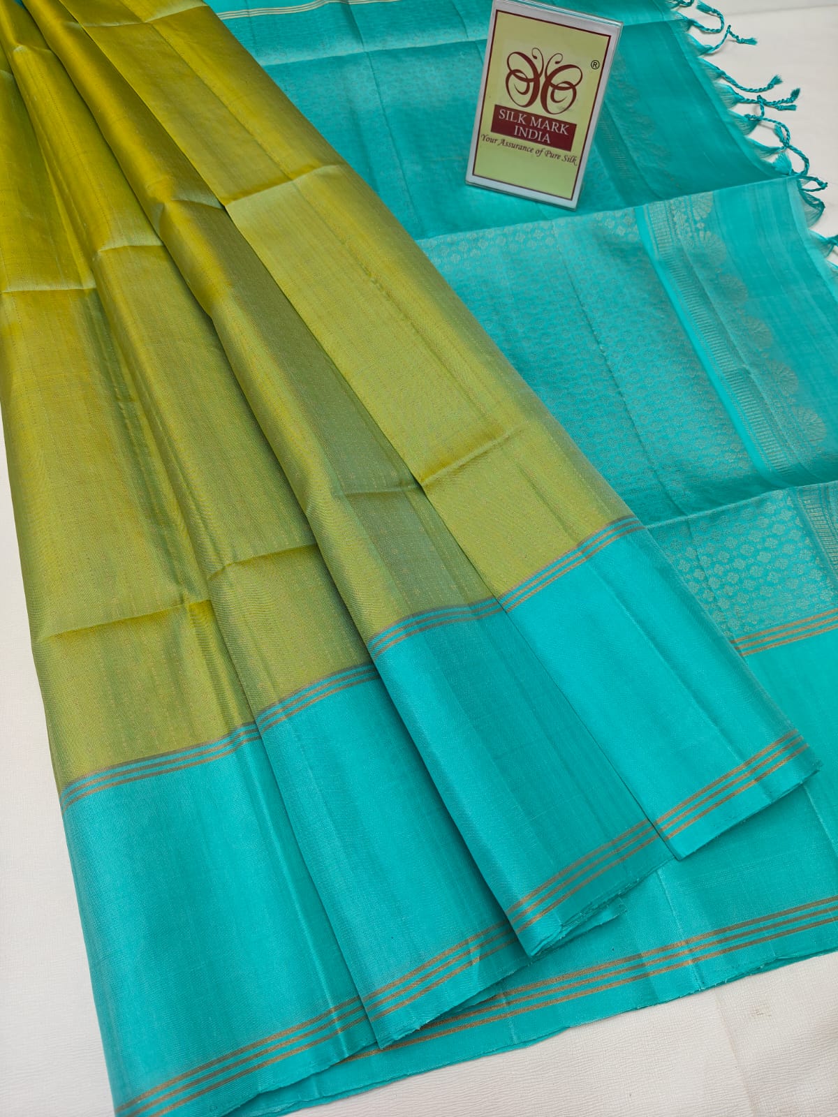 Dual-Tone Olive Green & Turquoise Blue Pure Silk Kanjivaram Saree (Silk Mark Certified)