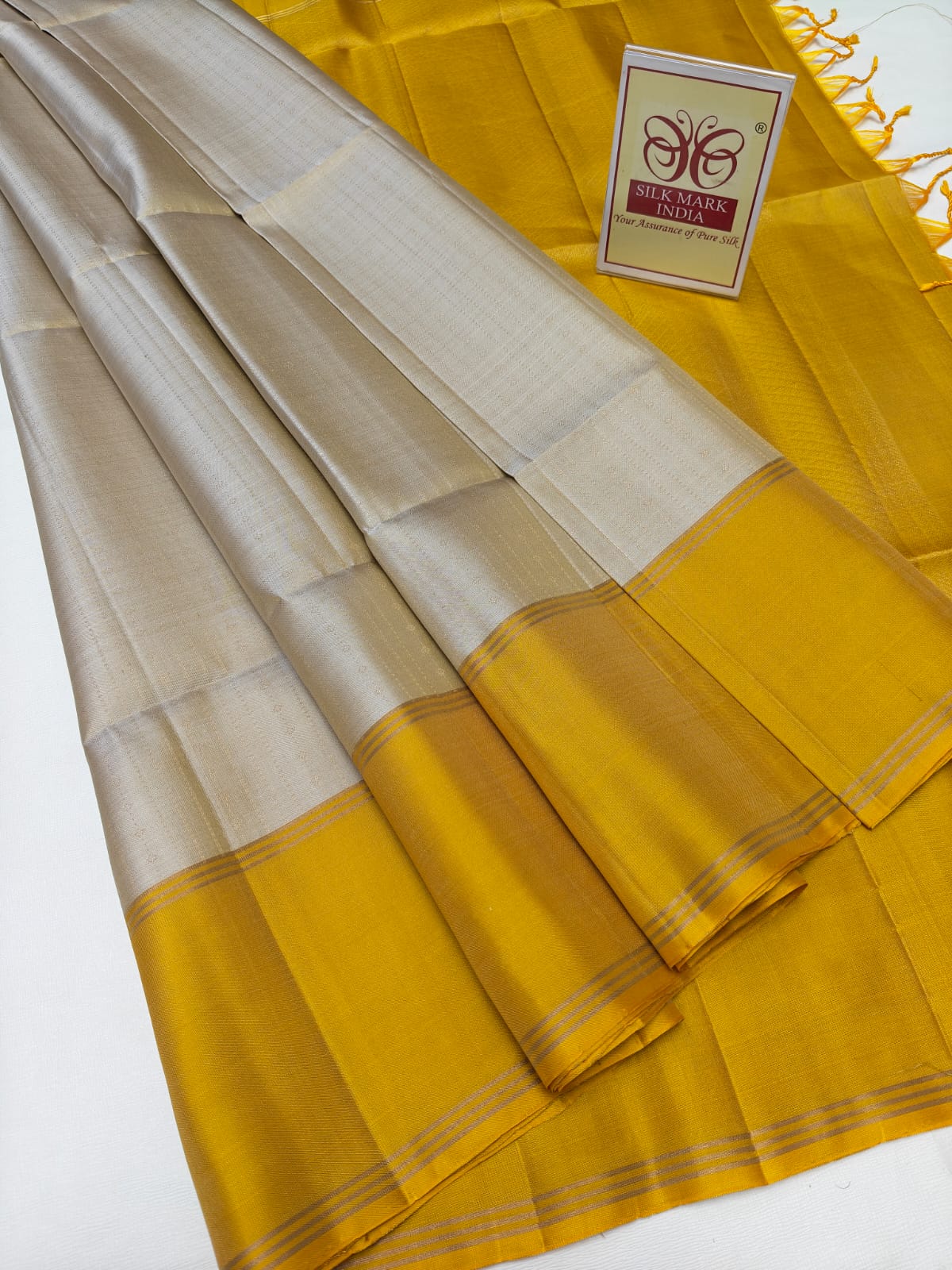 Silver Grey & Golden Yellow Pure Silk Kanjivaram Saree with Fine Zari Lines (Silk Mark Certified)