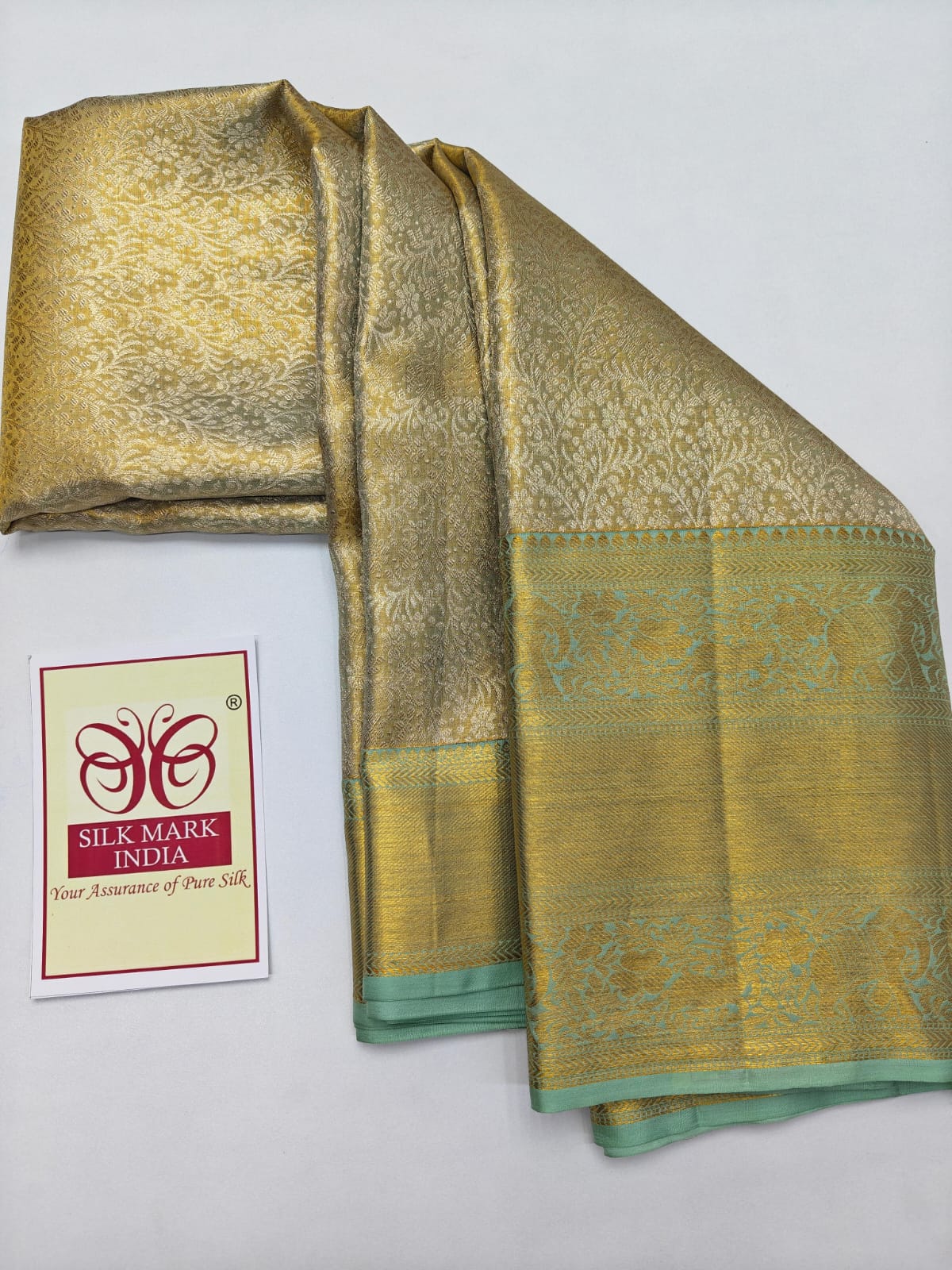 Silk Mark Certified Champagne Gold Tissue & Sea Green Kanjivaram Pure Silk Saree with Floral Jaal & Temple Border