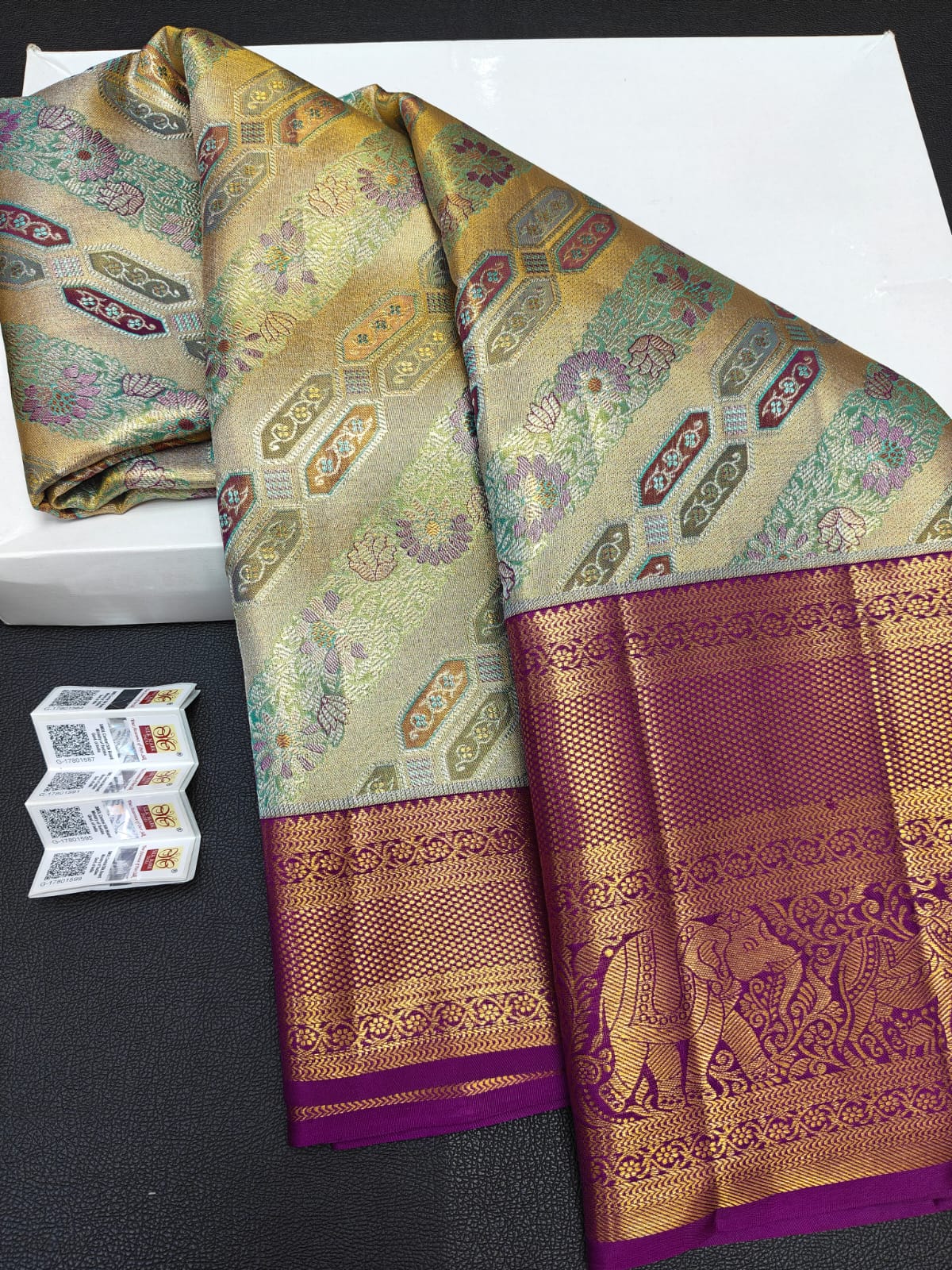 Silk Mark Certified Sea Green & Amber Gold Tissue Kanjivaram Pure Silk Saree with Magenta Meenakari Floral Jaal & Royal Purple Border