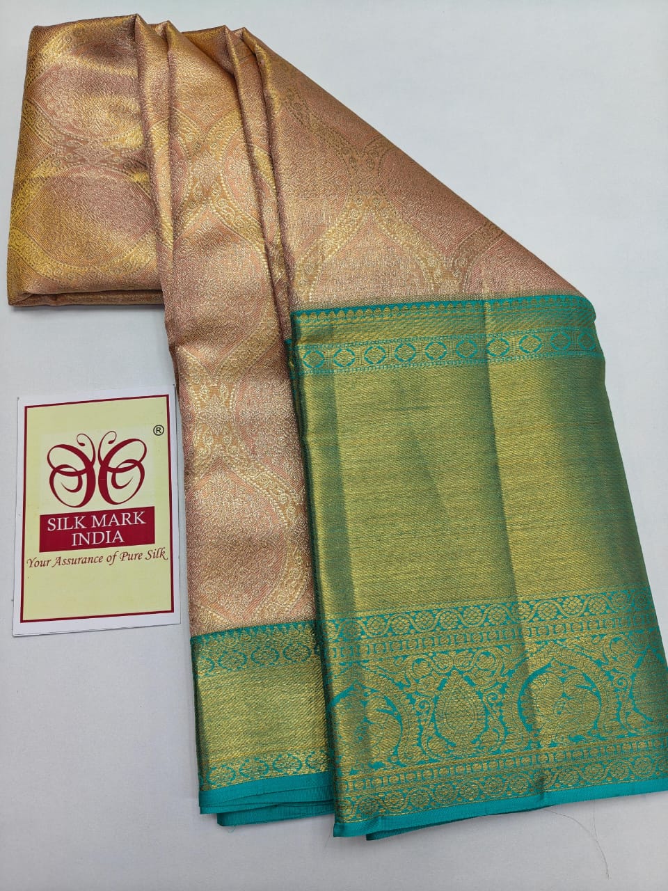 Silk Mark Certified Rose Pink & Chartreuse Green Tissue Kanjivaram Pure Silk Saree with Trellis Jaal & Sea Green Border