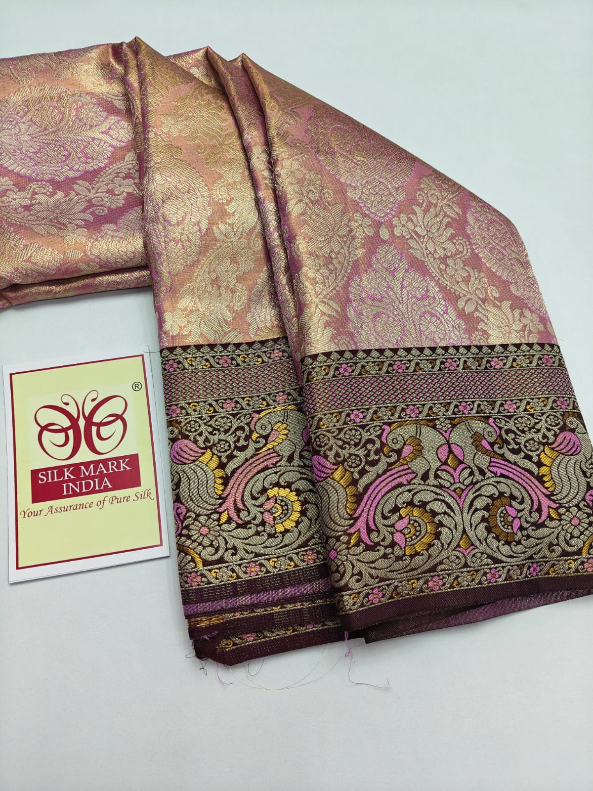 Silk Mark Certified Rose Pink & Amber Gold Tissue Kanjivaram Pure Silk Saree with Meenakari Floral Jaal & Deep Wine Border