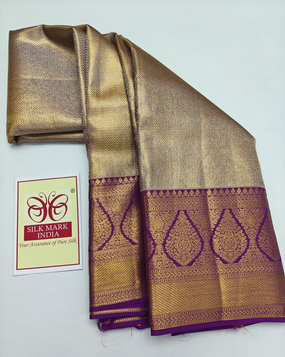 Silk Mark Certified Amber Gold & Champagne Tissue Kanjivaram Pure Silk Saree with Paisley Medallion Border