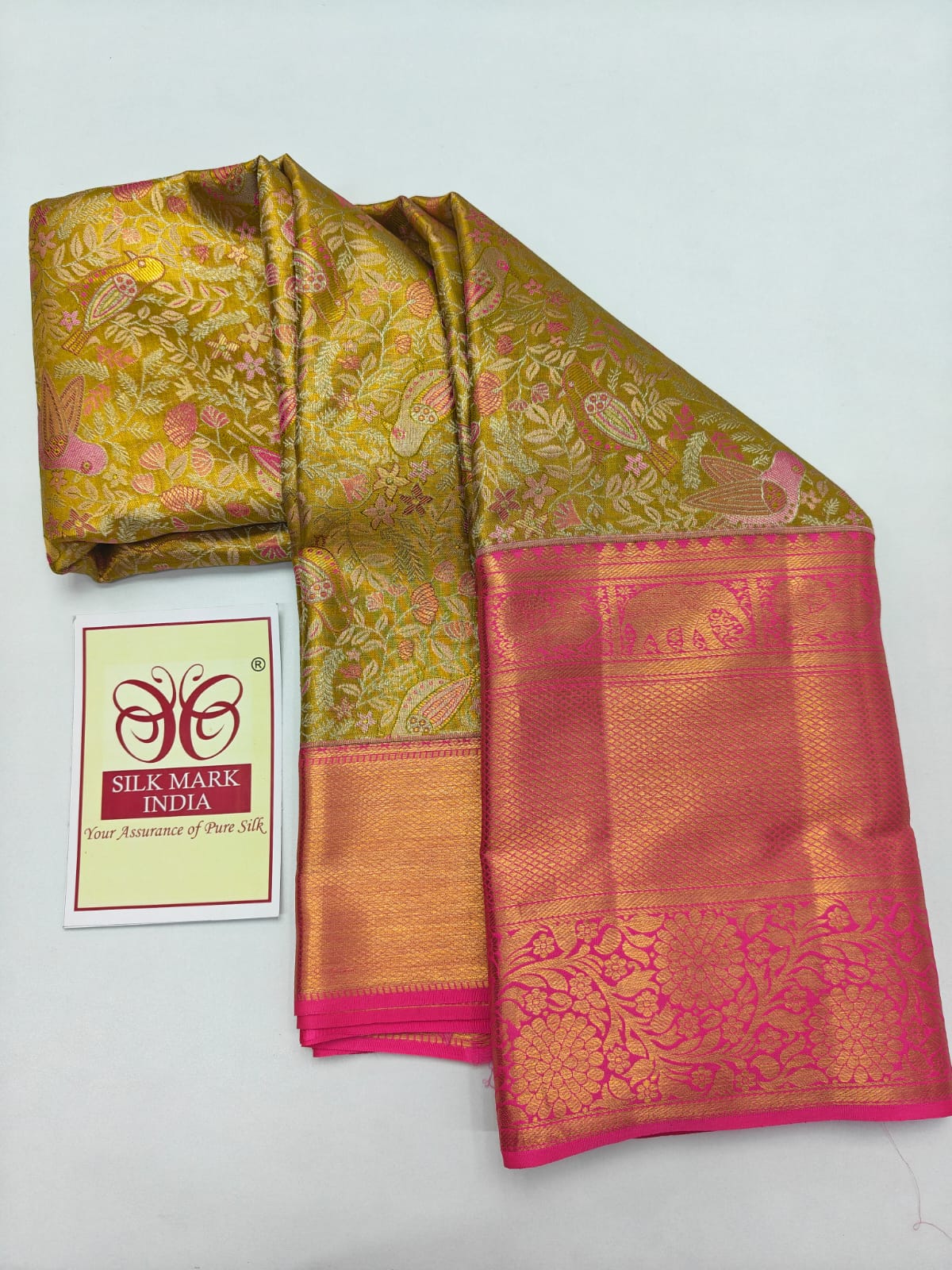 Silk Mark Certified Olive Green Tissue & Rose Pink Kanjivaram Pure Silk Saree with Bird & Tree Brocade