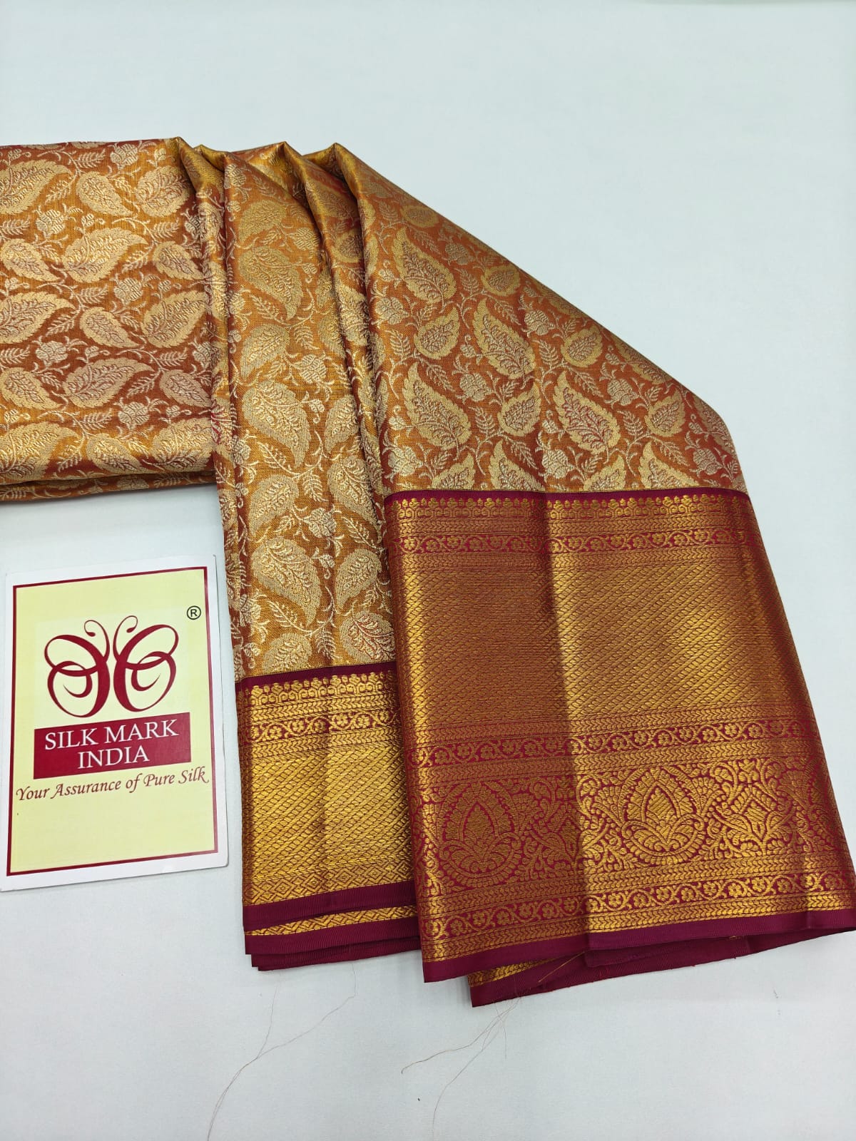 Silk Mark Certified Honey Gold Tissue & Maroon Kanjivaram Pure Silk Saree with Paisley Jaal