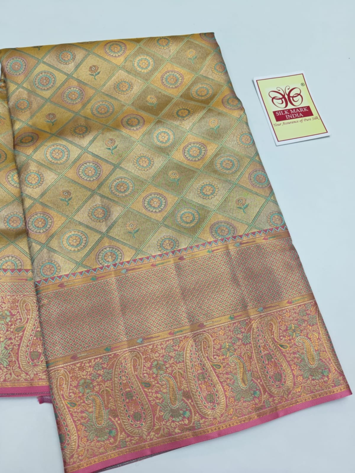 Silk Mark Certified Pale Gold Tissue & Rose Pink Kanjivaram Pure Silk Saree with Geometric Medallion Brocade