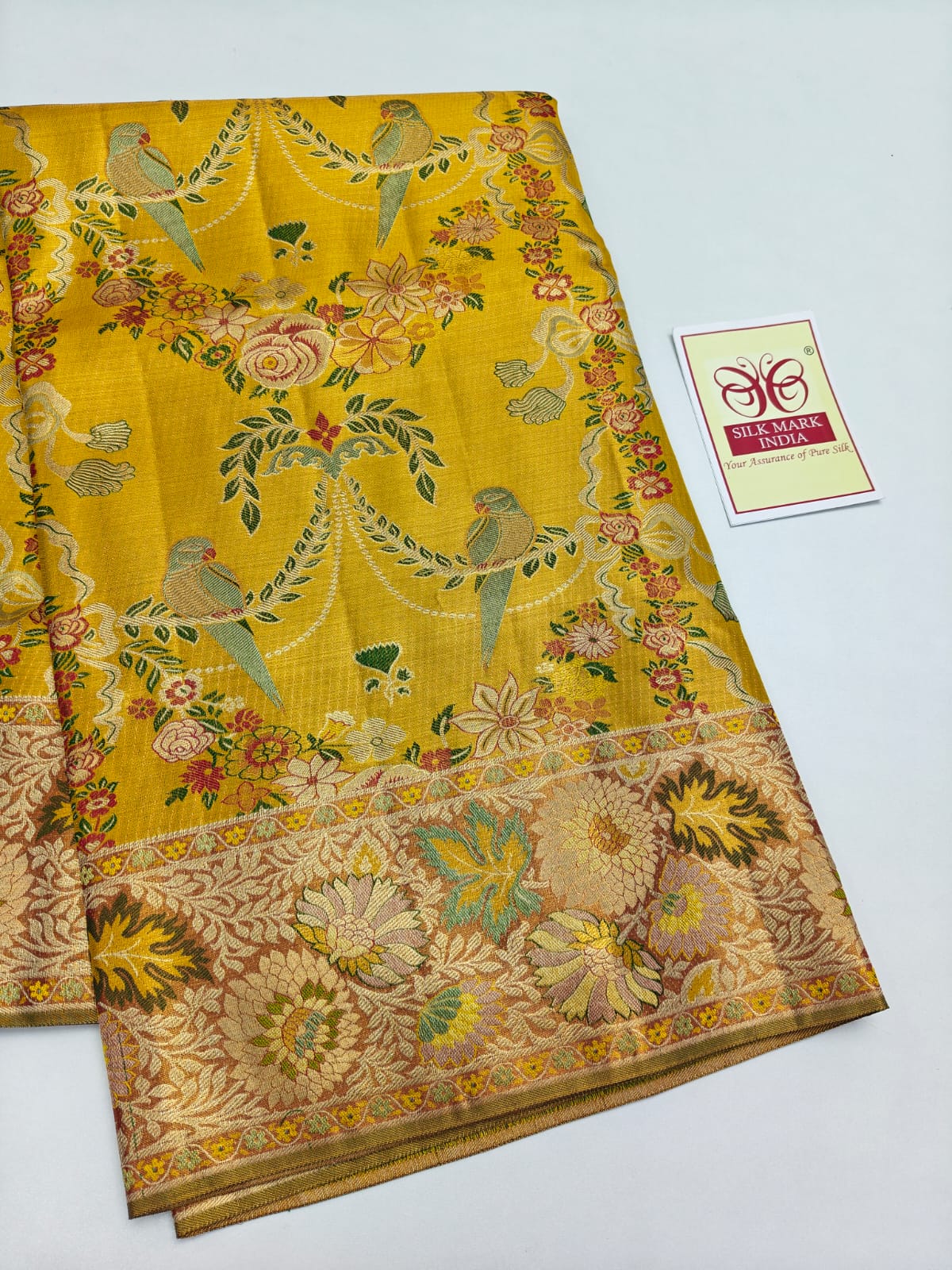 Silk Mark Certified Mustard Yellow & Amber Gold Tissue Kanjivaram Pure Silk Saree with Meenakari Floral & Bird Brocade