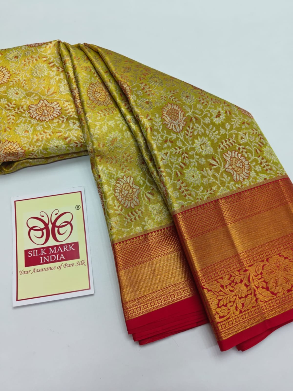 Silk Mark Certified Chartreuse Green & Amber Gold Tissue Kanjivaram Pure Silk Saree with Crimson Red Border & Floral Jaal
