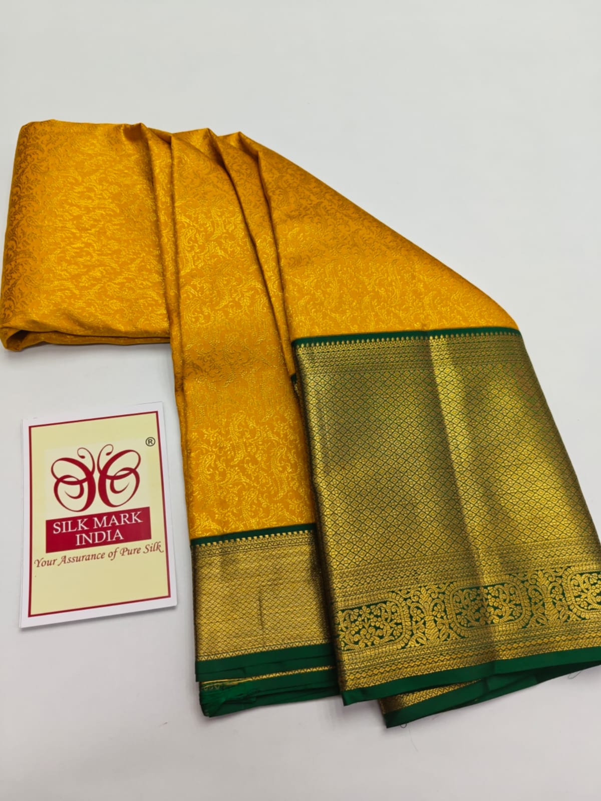 Silk Mark Certified Mustard Yellow Tissue & Emerald Green Kanjivaram Pure Silk Saree with Gold Zari Floral Jaal