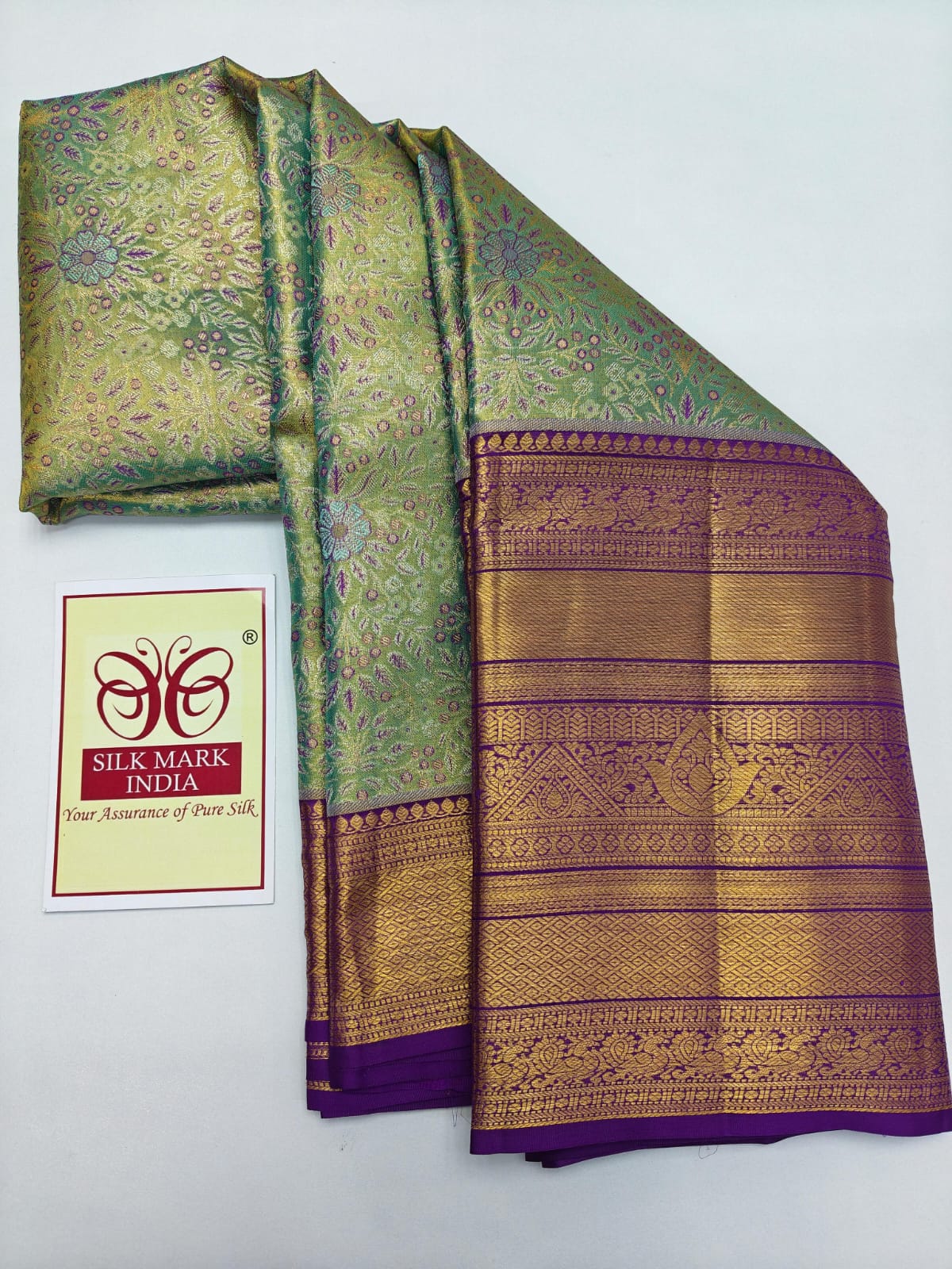 Silk Mark Certified Sea Green Tissue & Royal Purple Kanjivaram Pure Silk Saree with Meenakari Floral Jaal & Amber Gold Tissue