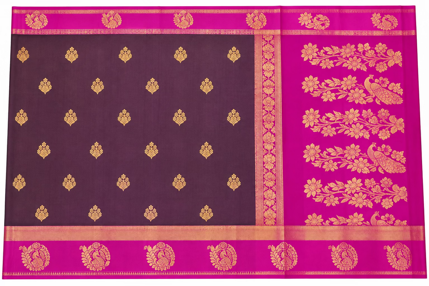 Deep Wine Plum & Rani Pink Kanjivaram Style Semi-Silk Saree with Gold Zari Floral Vines & Peacock Border