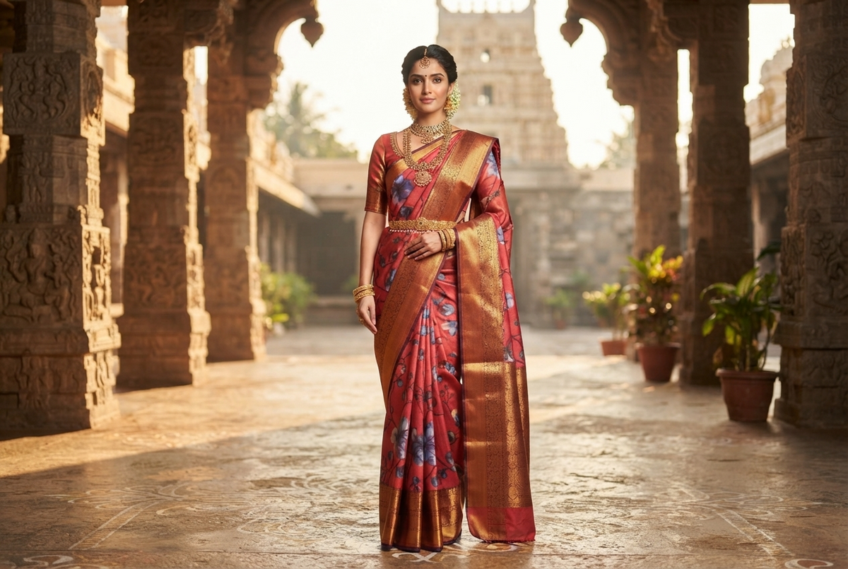 Exquisite Red Floral Print Kanjivaram Silk Sari with Rich Zari Border