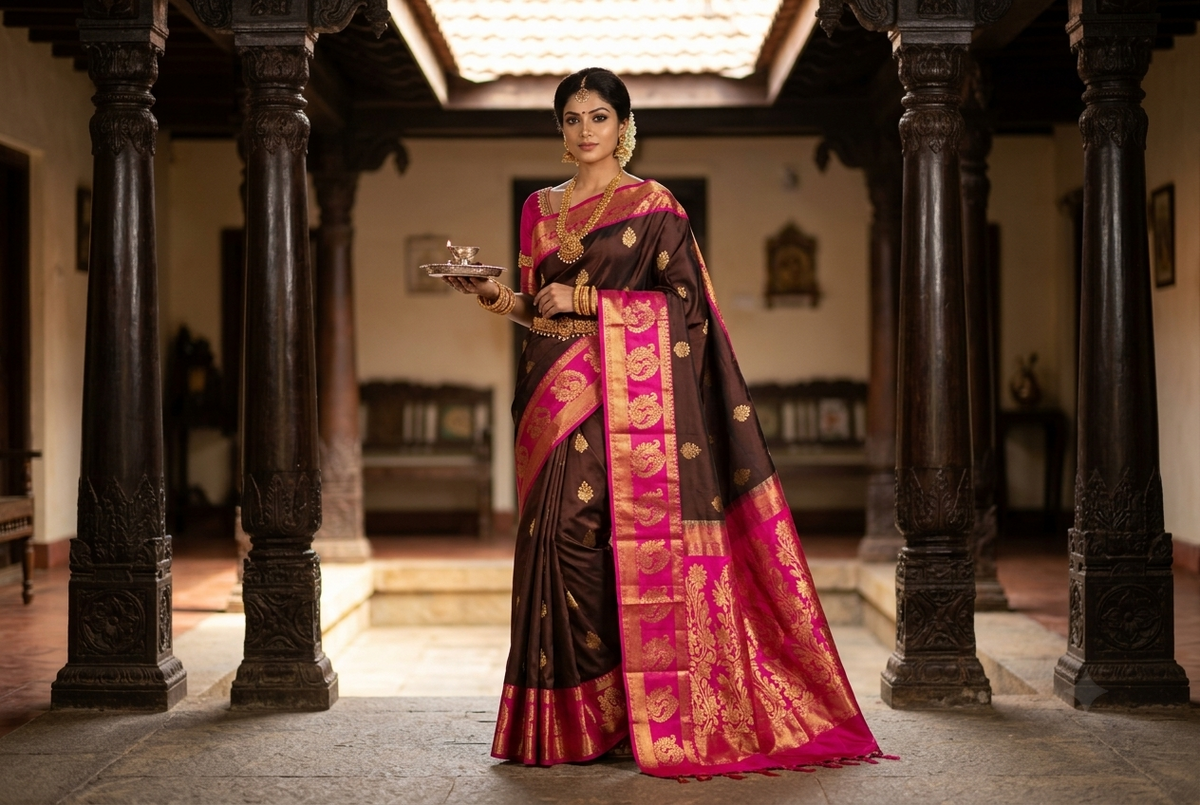 Regal Deep Chocolate Brown & Bright Magenta Pink Kanjivaram Silk Sari with Pure Gold Zari