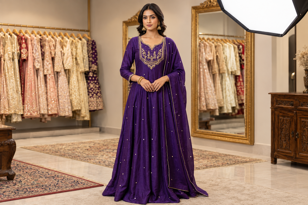 Royal Purple Gold Zardozi Embroidered Flared Anarkali Suit Set