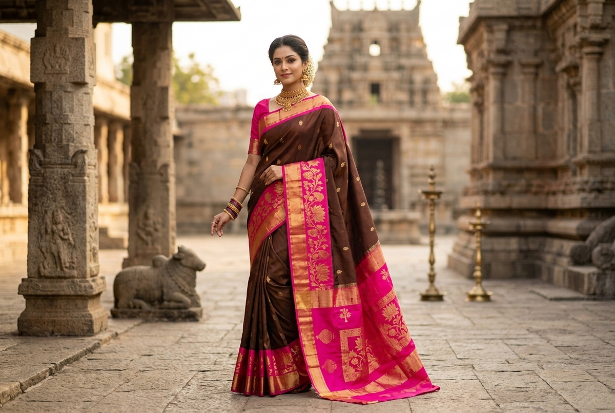 Vibrant Magenta Pink & Deep Chocolate Brown Kanjivaram Silk Sari with Lotus Motif Gold Zari Weave