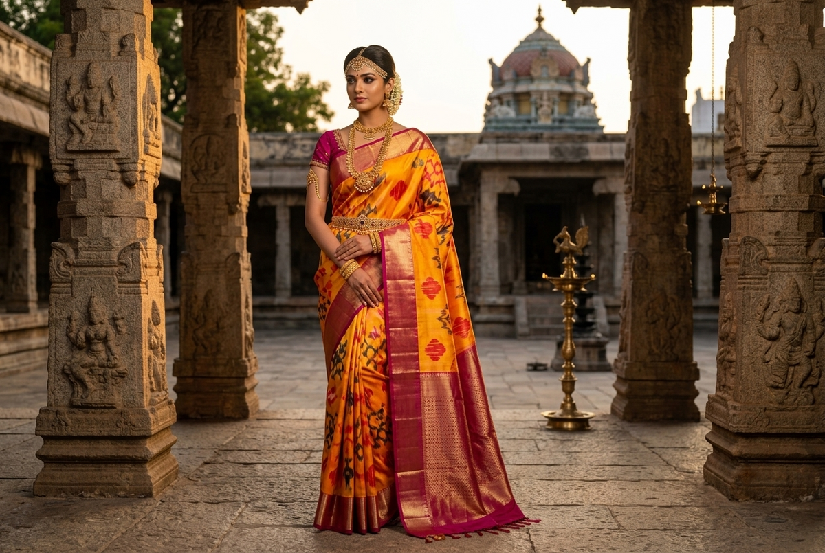 Vibrant Mango Yellow & Magenta Pink Kanjivaram Silk Sari with Ikat Tie-Dye Patterns & Gold Zari Lattice Pallu