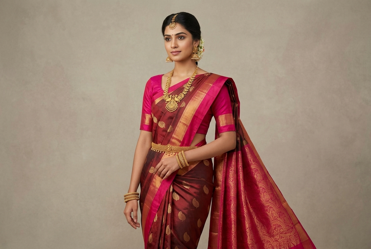 Deep Maroon Red & Rani Pink Kanjivaram Style Semi-Silk Saree with Gold Zari Paisley Motifs & Brocade Pallu