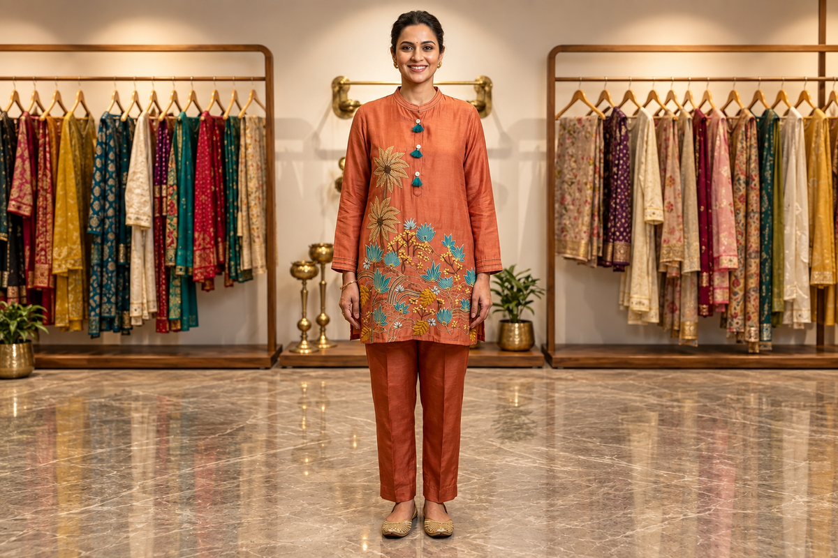 Terracotta Rust Silk-Blend Tunic Set with Botanical Floral Embroidery & Peacock Teal Tassels