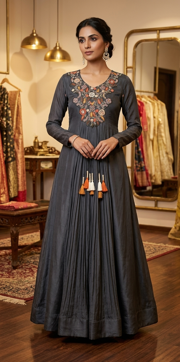 Charcoal Grey Pleated Silk Anarkali Kurta Set with Floral Yoke Embroidery & Pearl Tassels