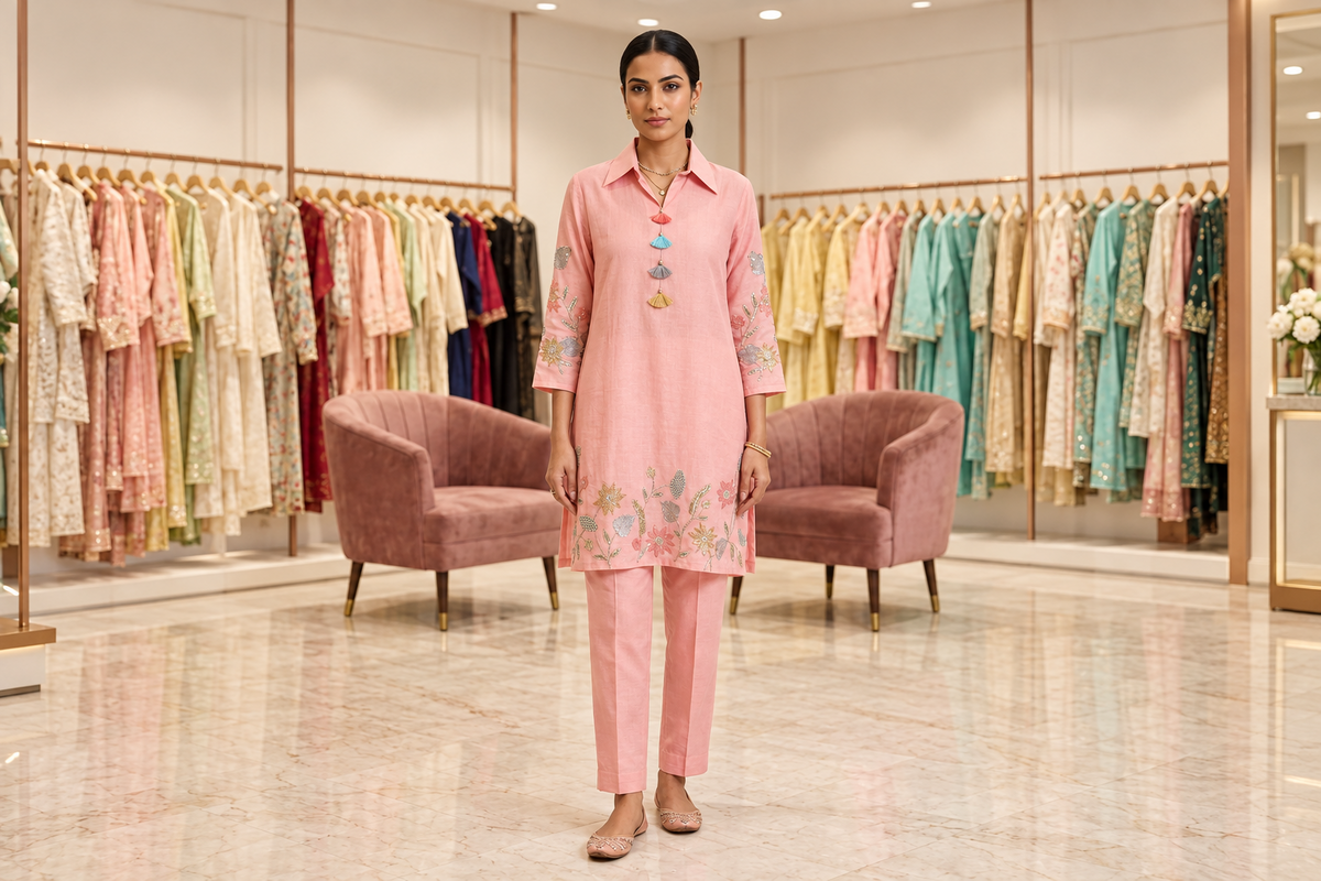 Blush Pink Collared Cotton-Silk Tunic Set with Multi-Color Tassels & Floral Sequin Hem Embroidery