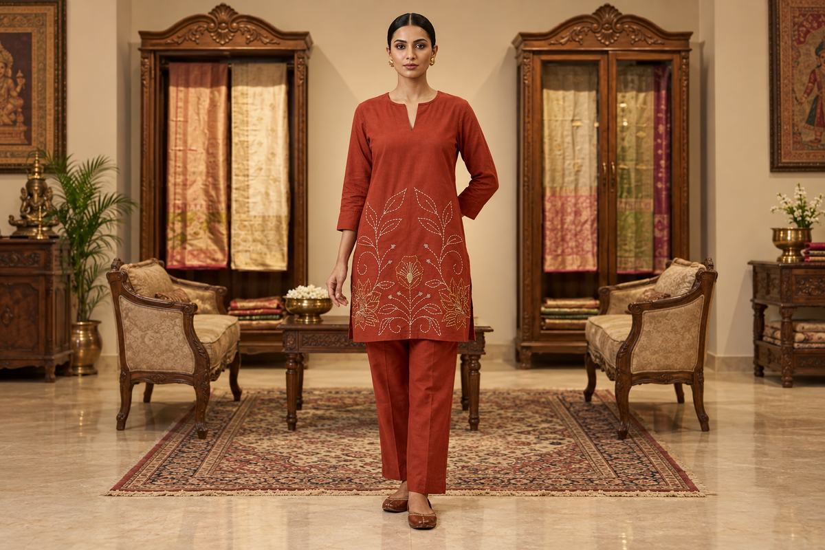 Terracotta Rust Red Cotton-Silk Kurta Set with Handcrafted Kantha Leaf & Floral Embroidery