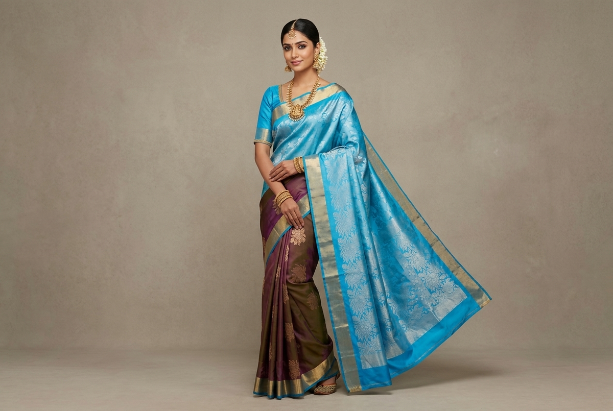 Sky Blue & Chocolate Olive Dual-Tone Kanjivaram Style Semi-Silk Saree with Silver Brocade Pallu & Gold Zari Motifs
