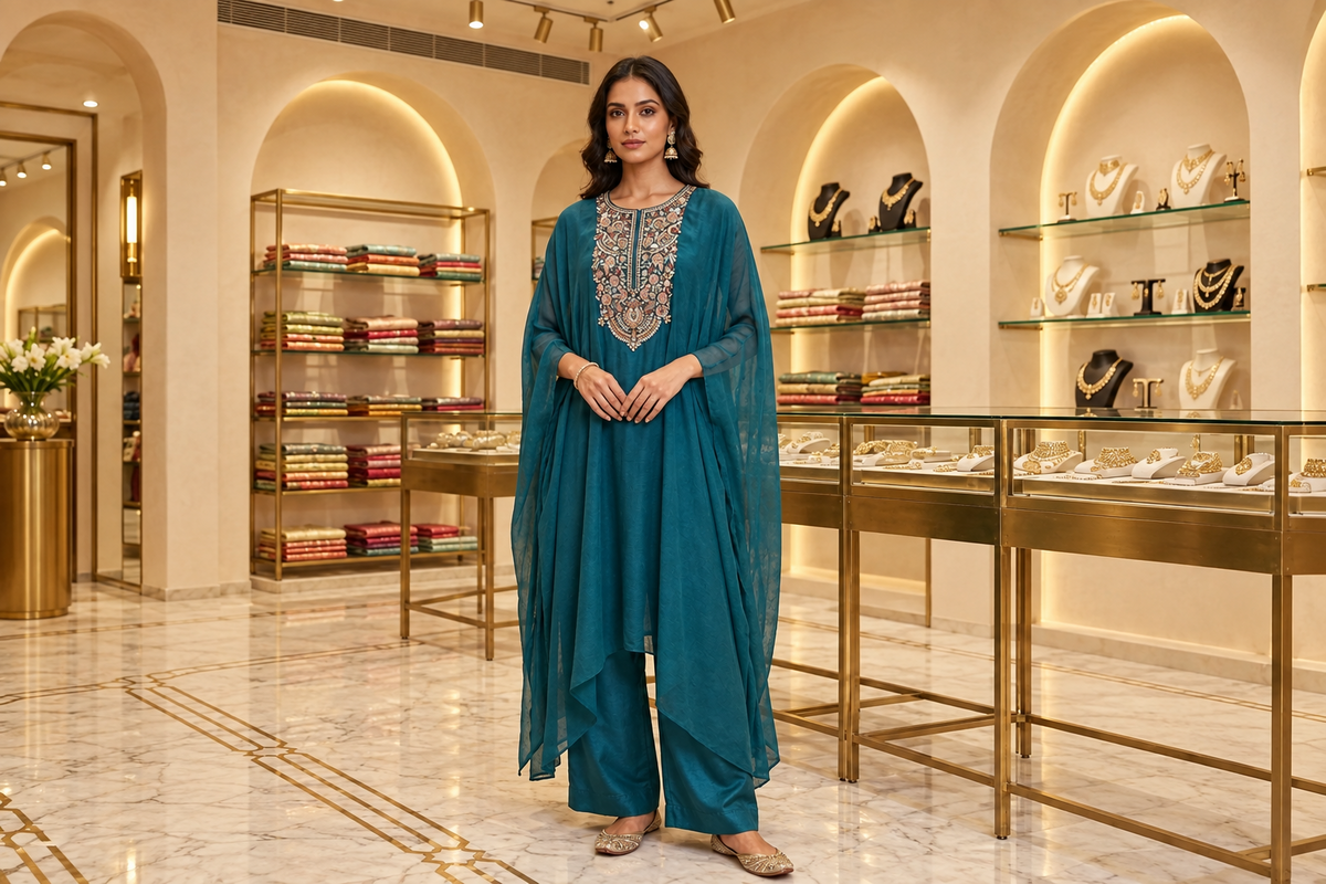Peacock Blue Silk Kaftan Top with Intricate Floral Resham & Sequin Embroidered Yoke