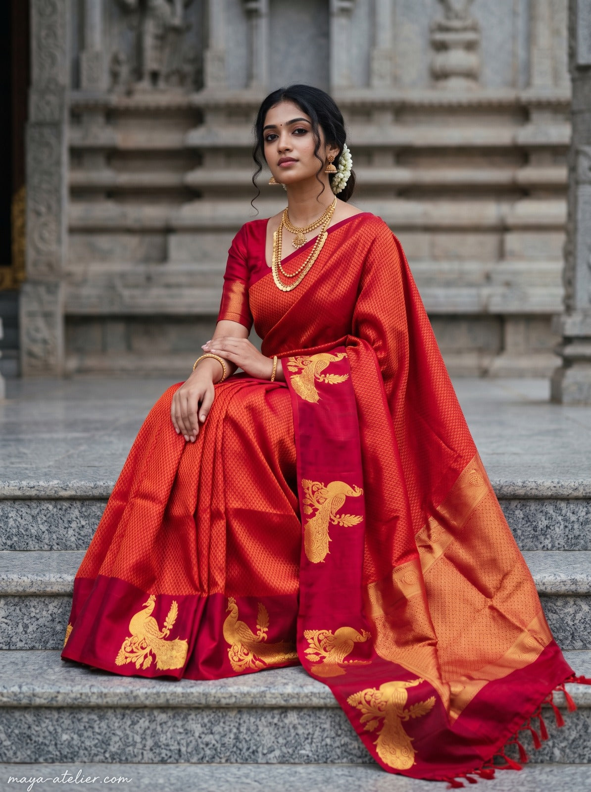 Crimson Red & Gold Zari Kanjeevaram Silk Saree with Peacock Border