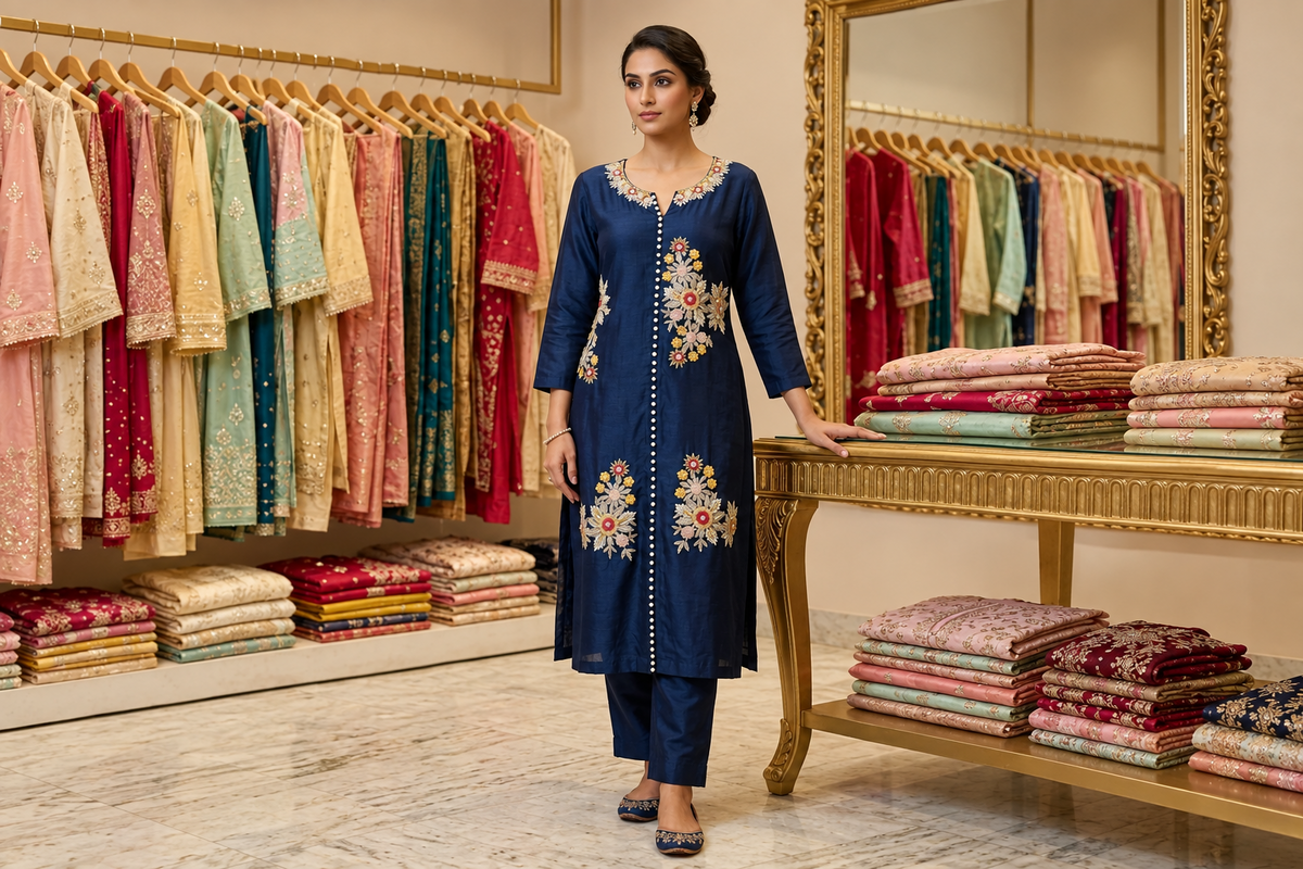 Midnight Navy Blue Silk Kurta Set with Pearl Placket & Floral Zari Embroidery