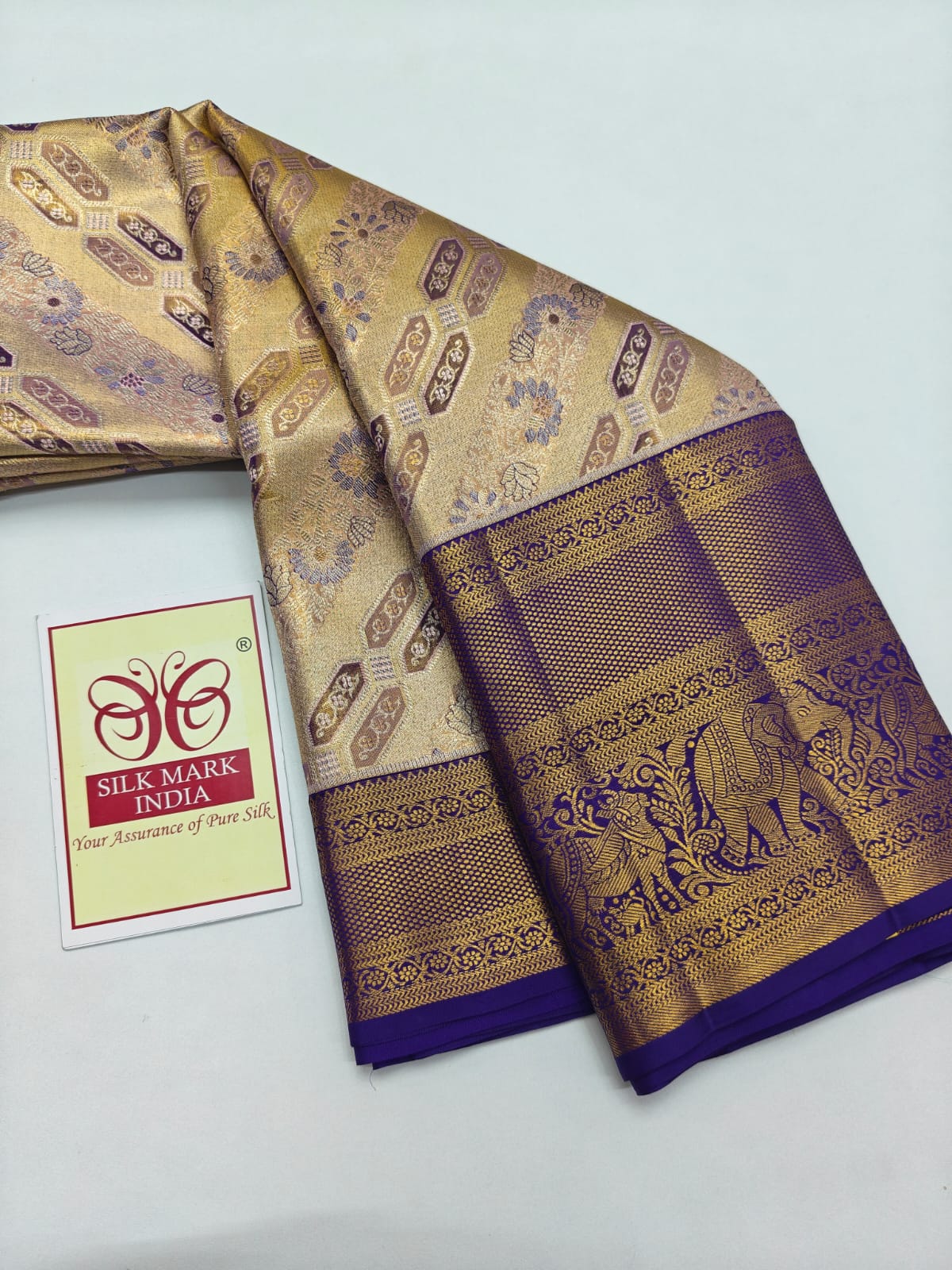 Silk Mark Certified Amber Gold Tissue & Royal Purple Kanjivaram Pure Silk Saree with Meenakari Medallions & Elephant Border
