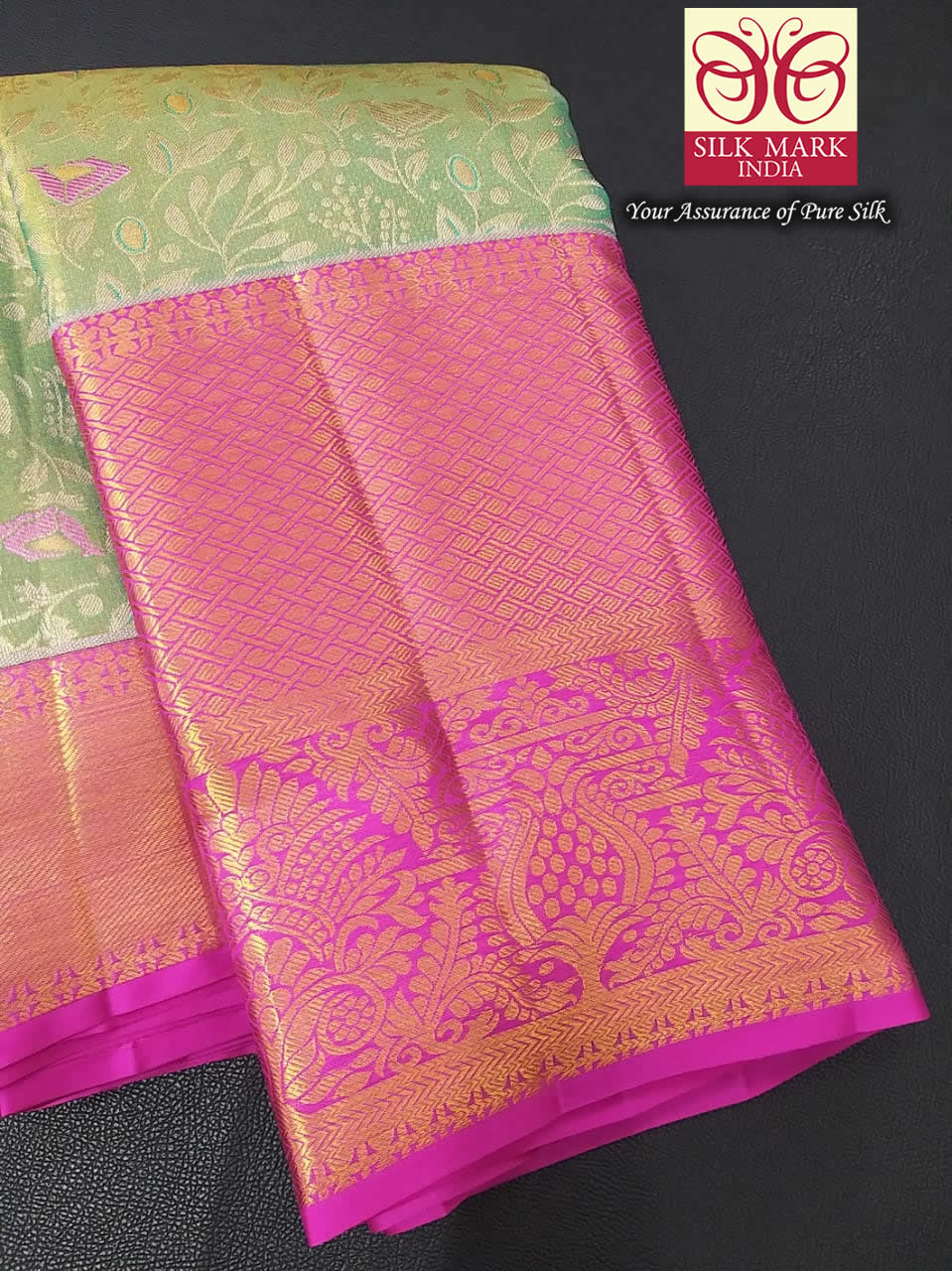 Silk Mark Certified Sea Green Tissue & Rose Pink Kanjivaram Pure Silk Saree with Meenakari Floral Jaal & Rani Pink Border