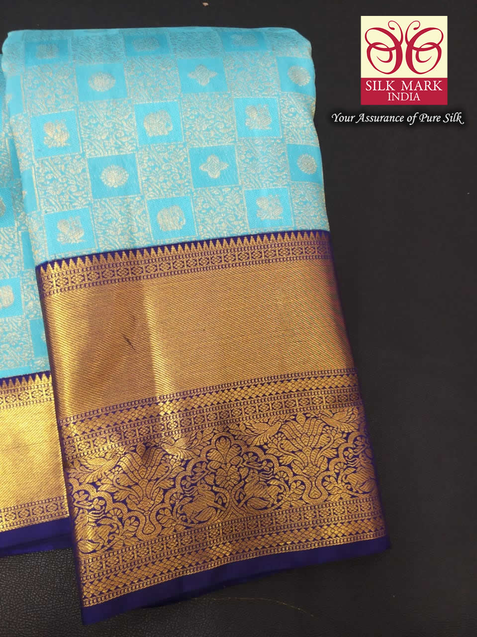 Silk Mark Certified Sky Blue & Royal Purple Kanjivaram Pure Silk Saree with Geometric Lattice & Gold Zari Pallu