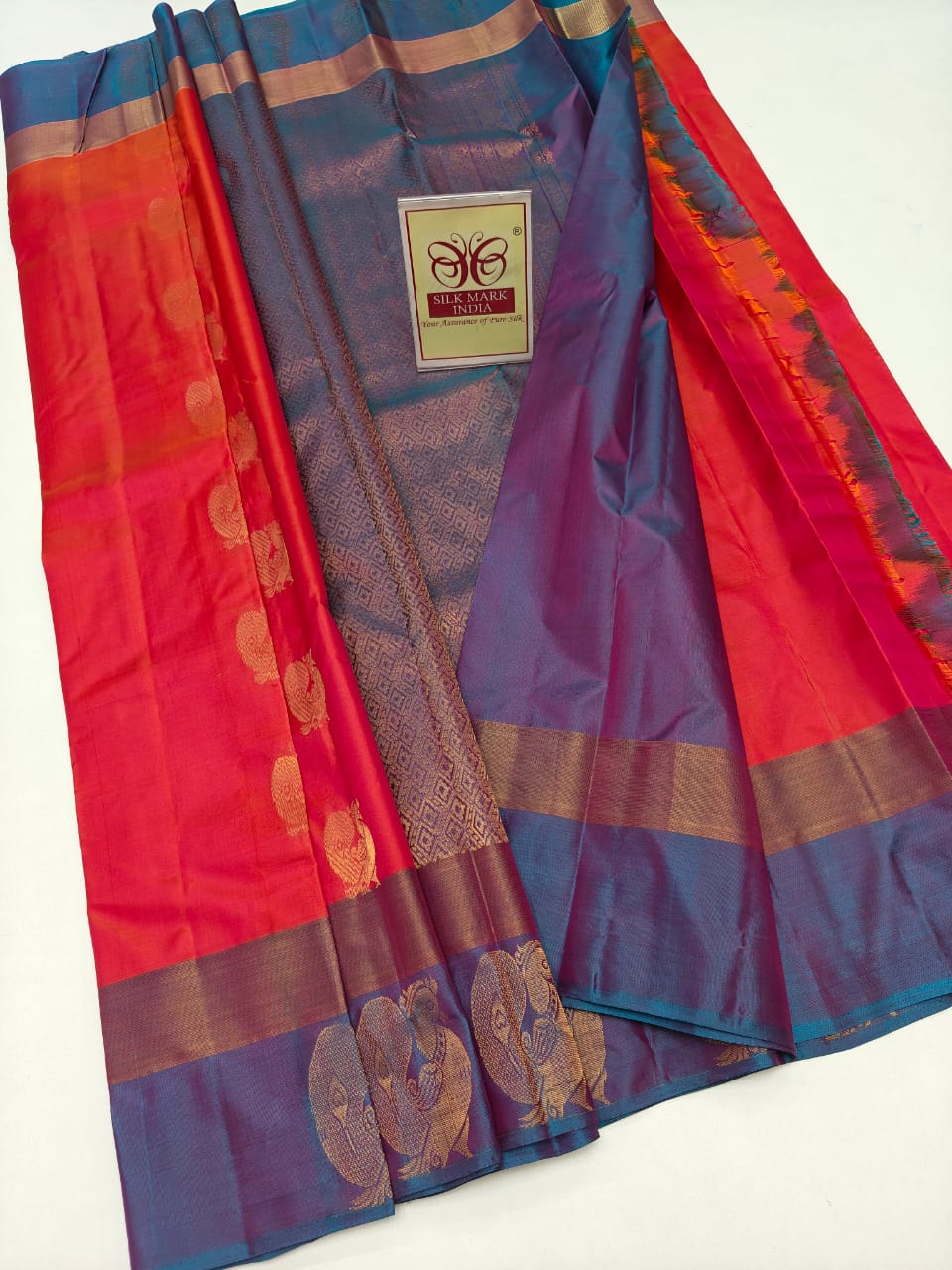 Kanjivaram Silk Saree in Royal Blue & Red with Zari Border