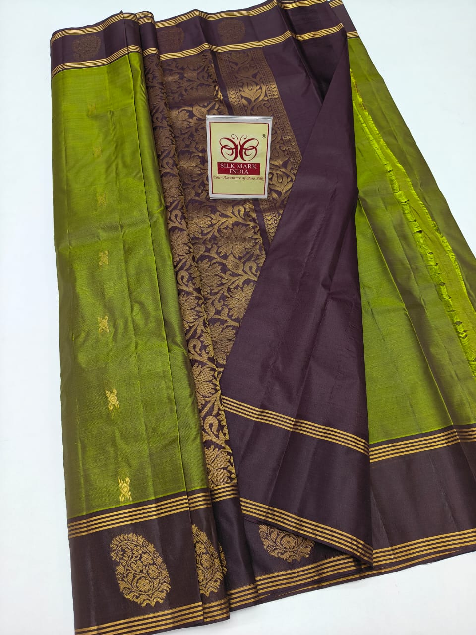 Olive Green & Woody Brown Kanjivaram Silk Saree with Zari Motifs