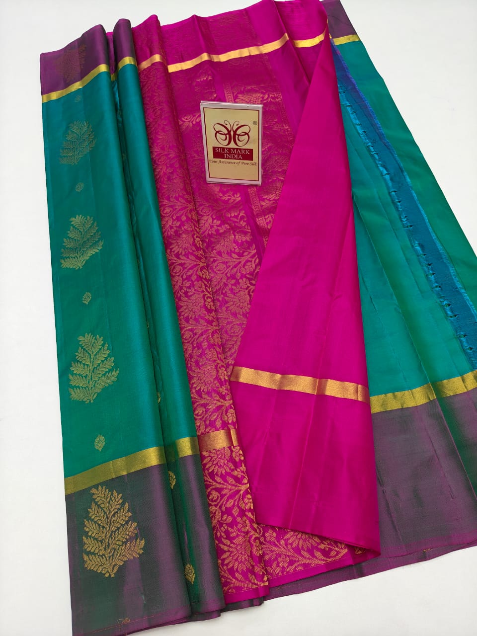 Authentic Peacock Teal Green & Rani Pink Pure Silk Kanjivaram Saree
