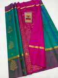 Authentic Peacock Teal Green & Rani Pink Pure Silk Kanjivaram Saree