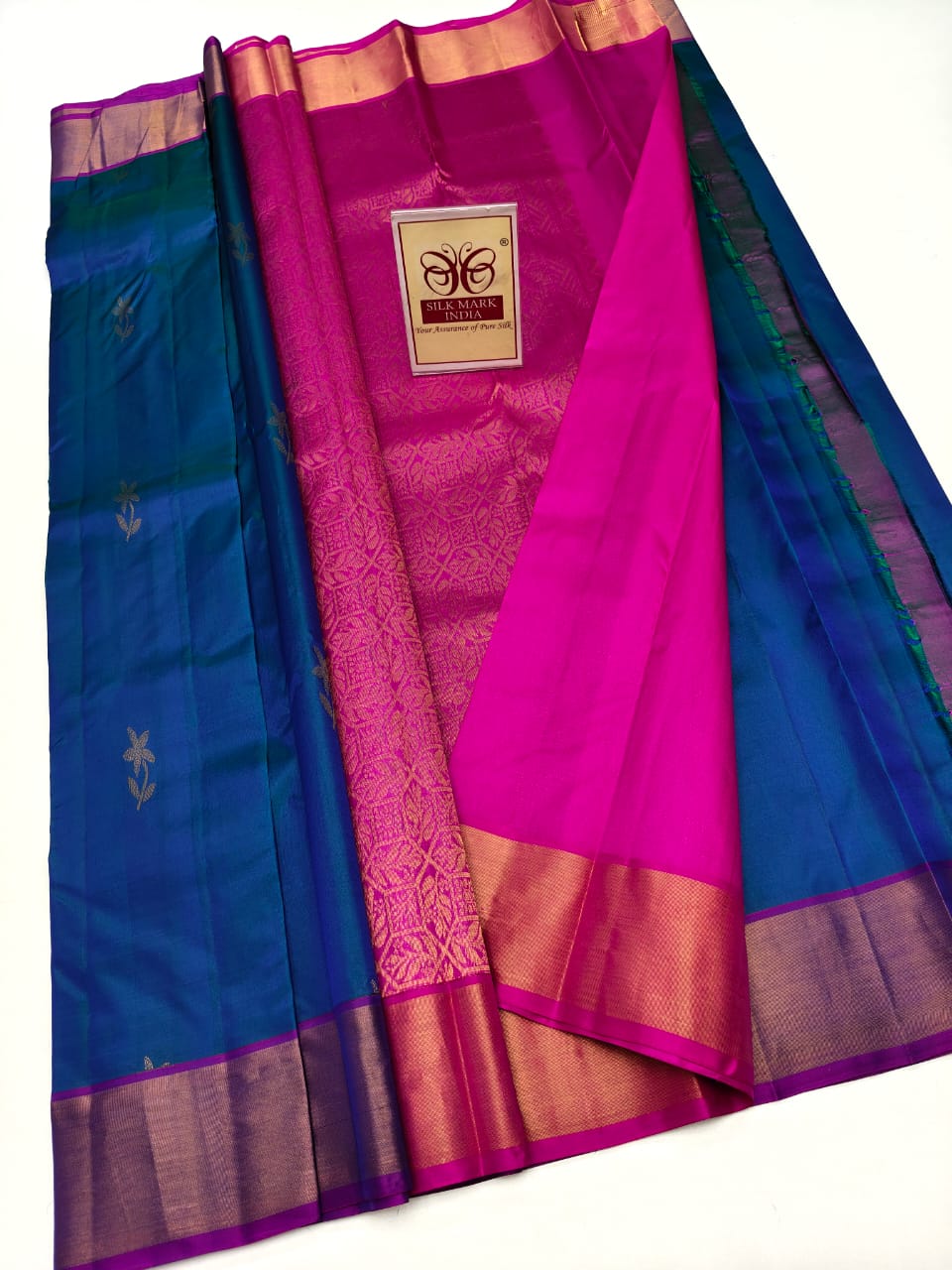 Kanjivaram Silk Saree – Royal Blue & Magenta with Zari Border