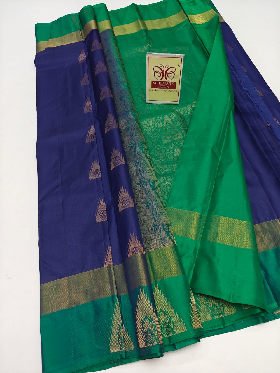 Authentic Deep Royal Blue & Emerald Green Pure Silk Kanjivaram Saree